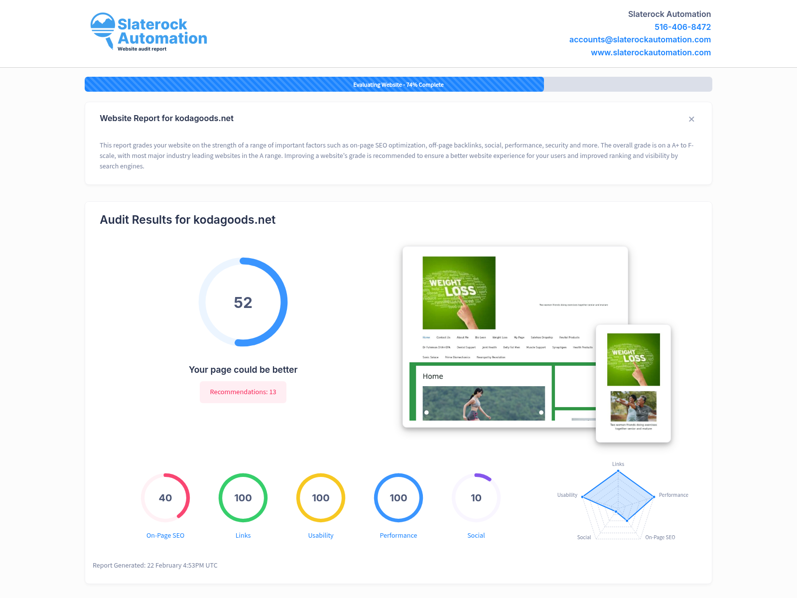 Screenshot showcasing Koda Goods' website audit highlighting user-friendly design and effective health solutions.
