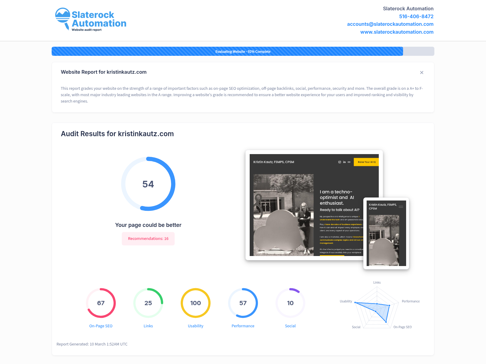 Screenshot of Kristin Kautz's website audit highlighting her expertise in AI strategy and digital transformation.