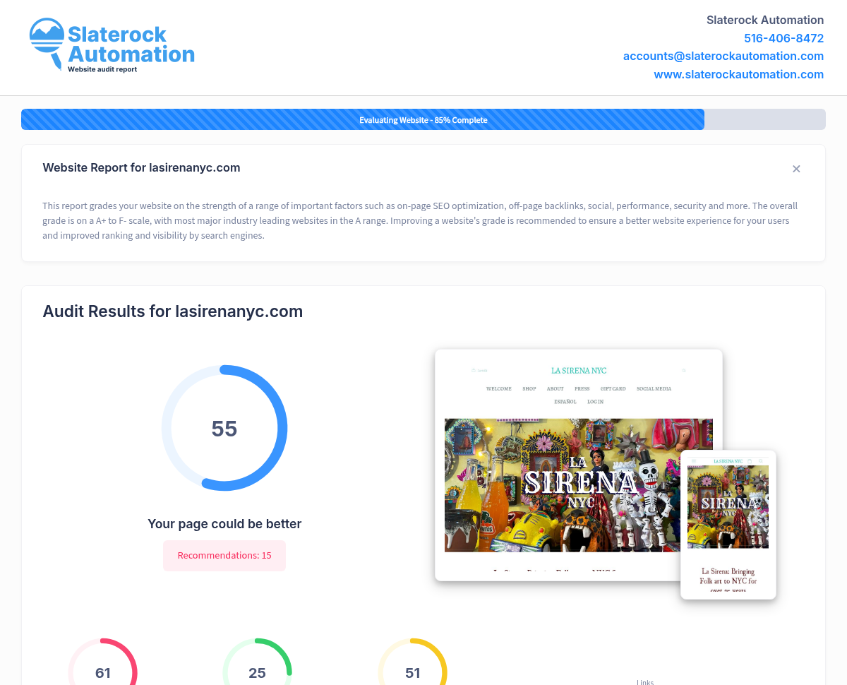Screenshot of website audit for La Sirena NYC highlighting SEO performance and optimization.