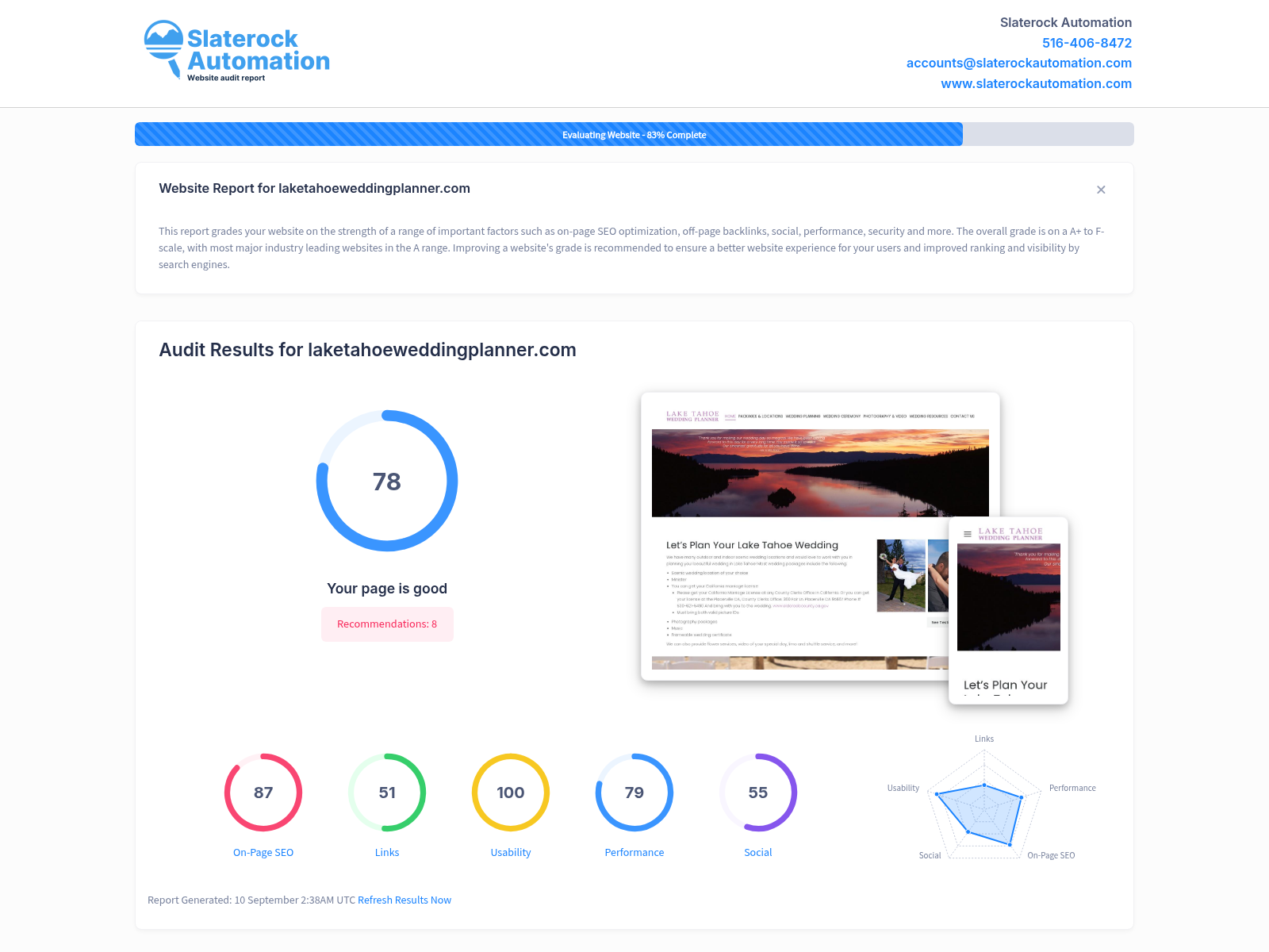 Screenshot of a website audit showcasing the Lake Tahoe Wedding Planner's services and offerings.