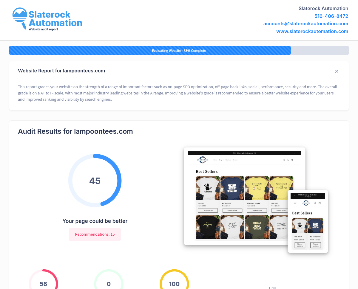 Screenshot showcasing Lampoon Tees website audit highlighting quality, design variety, and customer satisfaction.