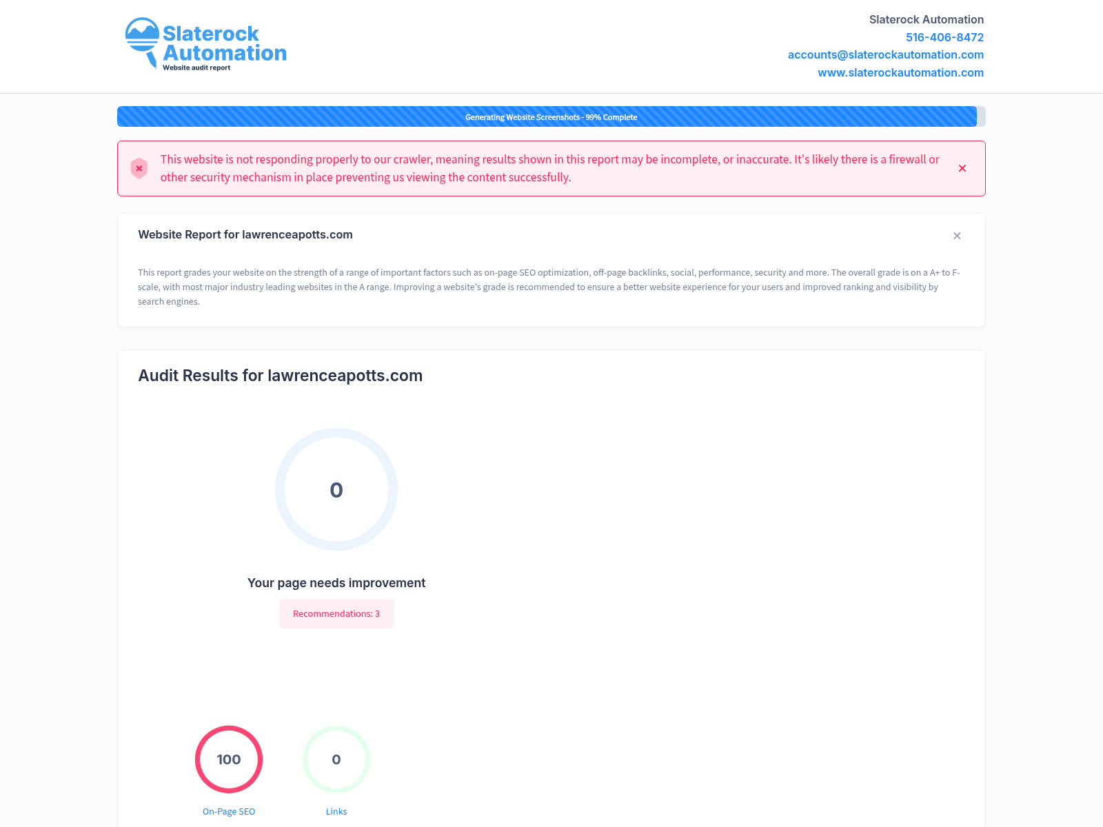 Screenshot of a website audit displaying Lawrence A. Potts's outstanding customer reviews and service ratings.