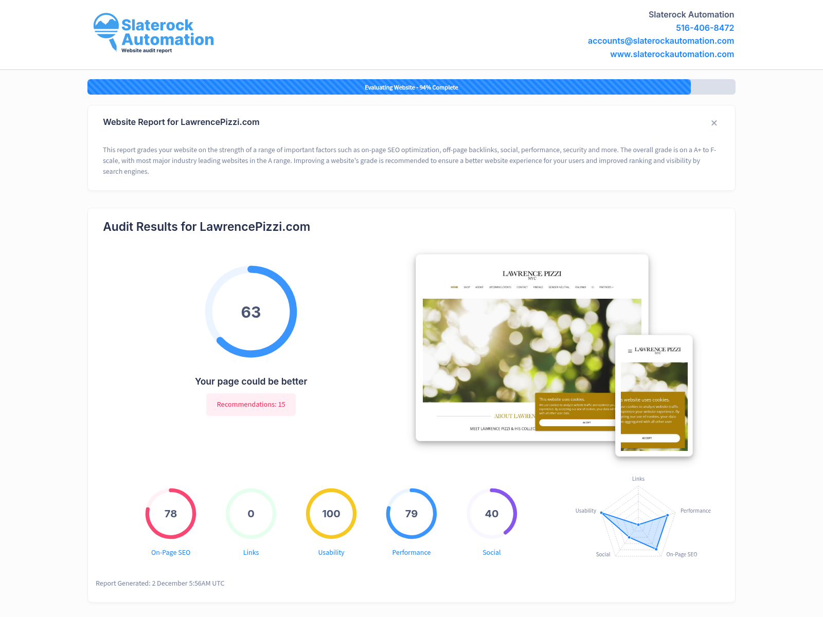 Screenshot of a website audit showcasing Lawrence Pizzi's sustainable fashion approach and carbon footprint reduction strategies.