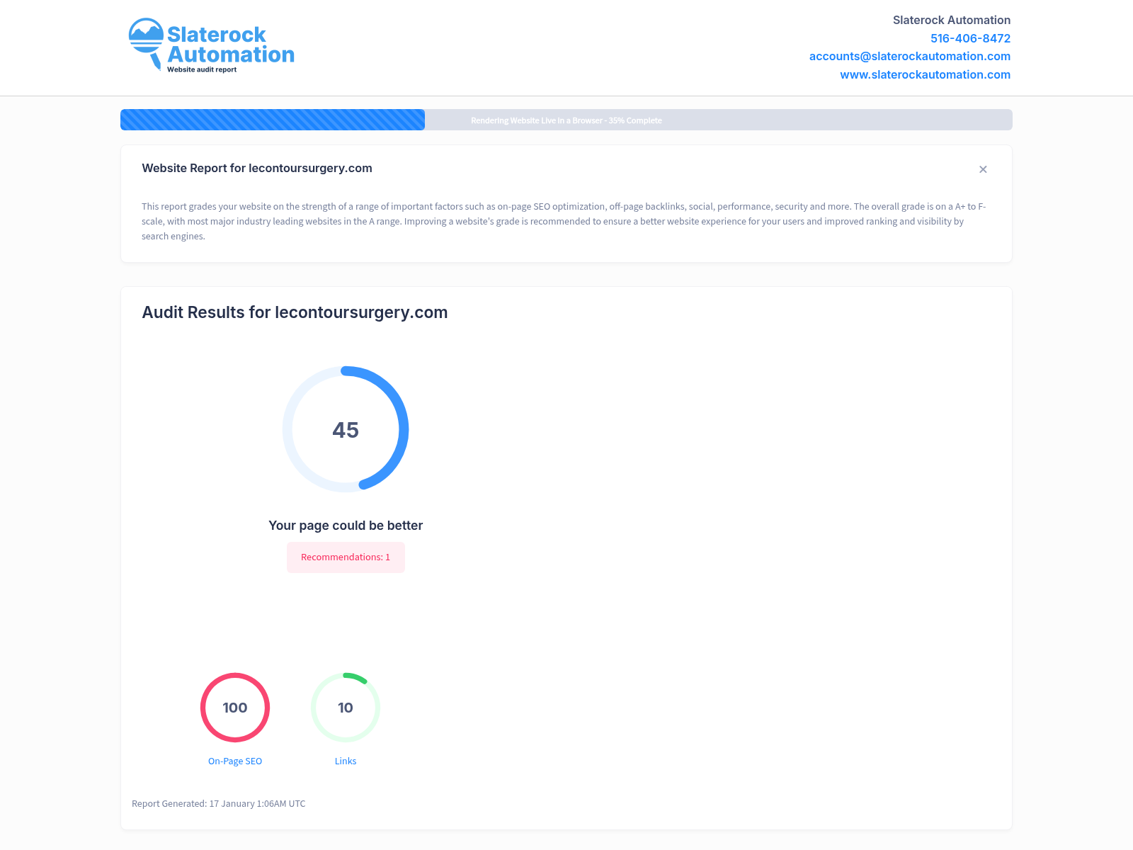 Screenshot of a comprehensive website audit for Le Contour Aesthetic Surgery showcasing performance and optimization metrics.