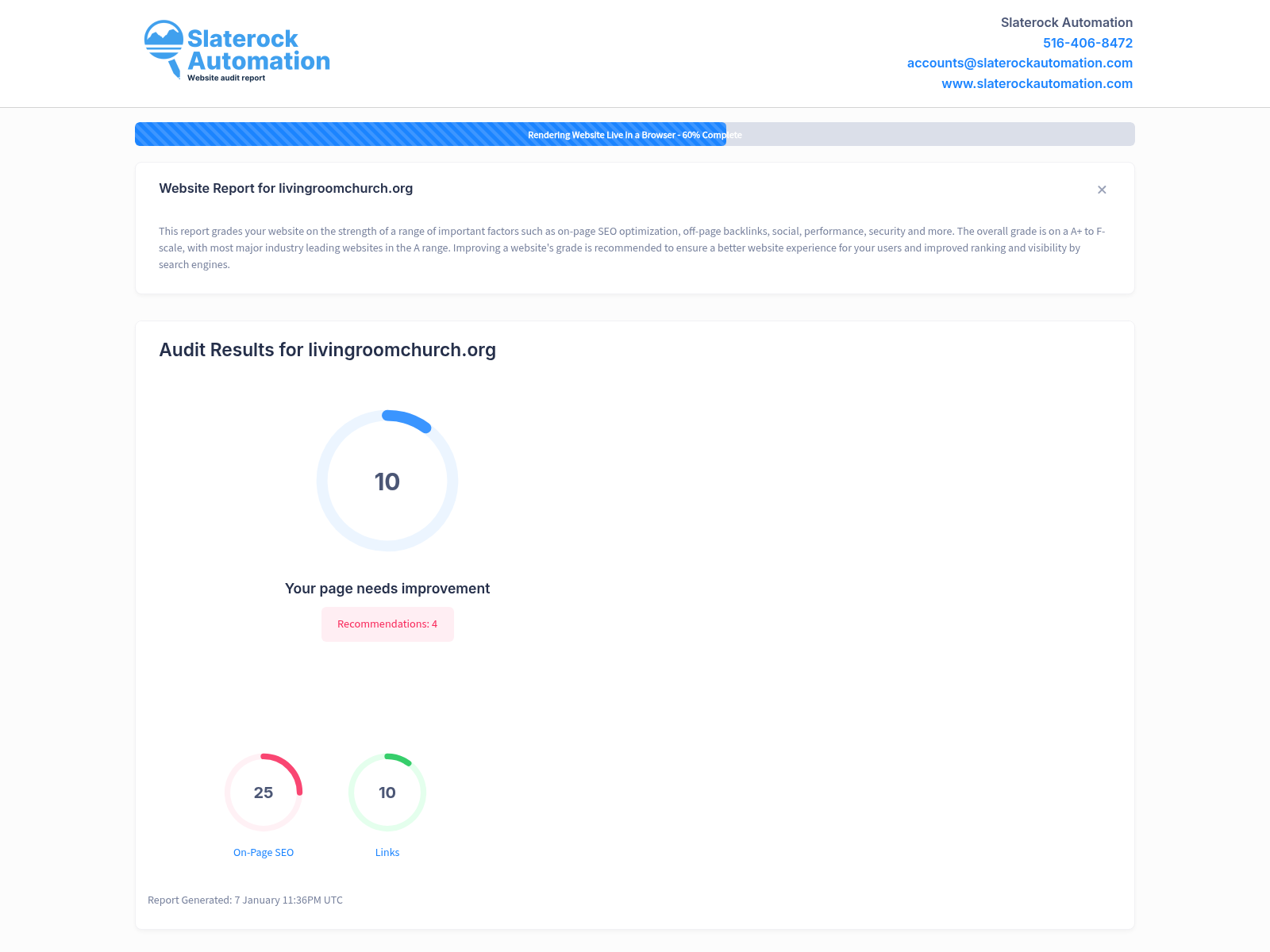 Screenshot of Living Room Church website audit showing key metrics and insights.