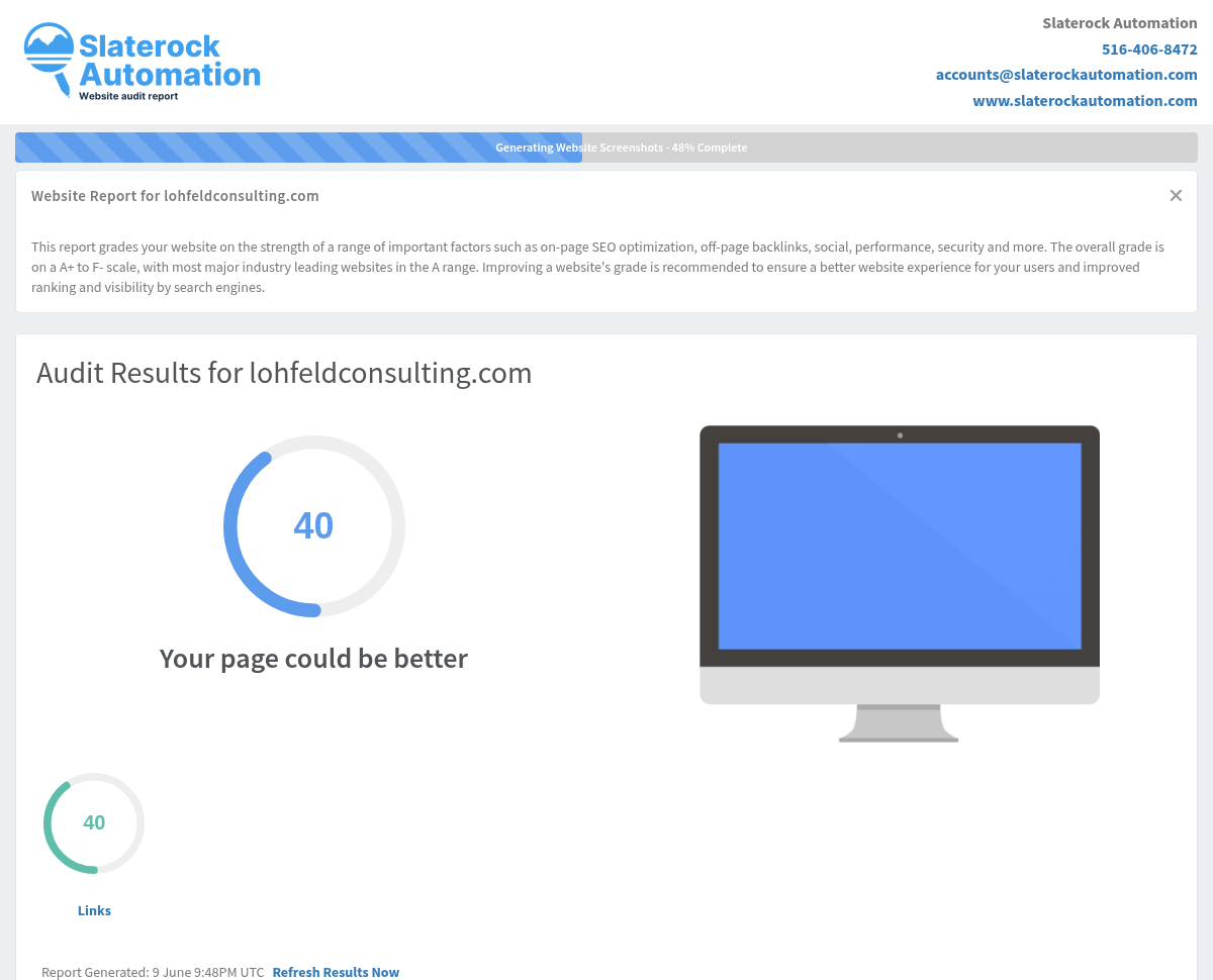 Screenshot of Lohfeld Consulting's website audit showing performance metrics and optimization recommendations.