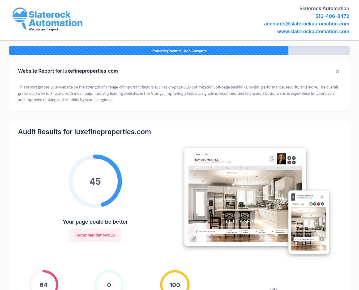 Screenshot of Luxe Fine Properties website audit highlighting key features and performance metrics.