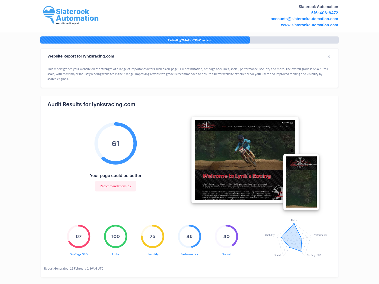 Screenshot of Lynk's Racing website audit showcasing SEO performance and optimization metrics.