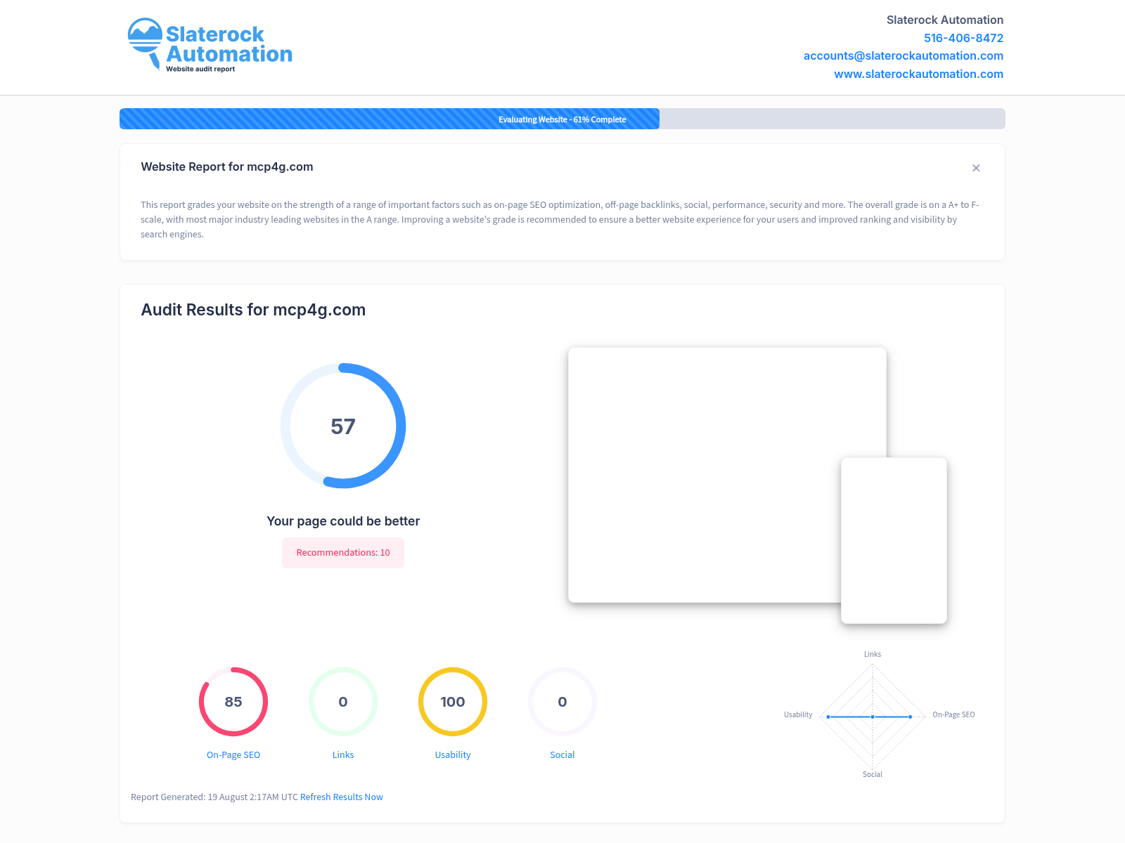 Screenshot of the MCP4G website audit showing performance metrics and optimization recommendations.
