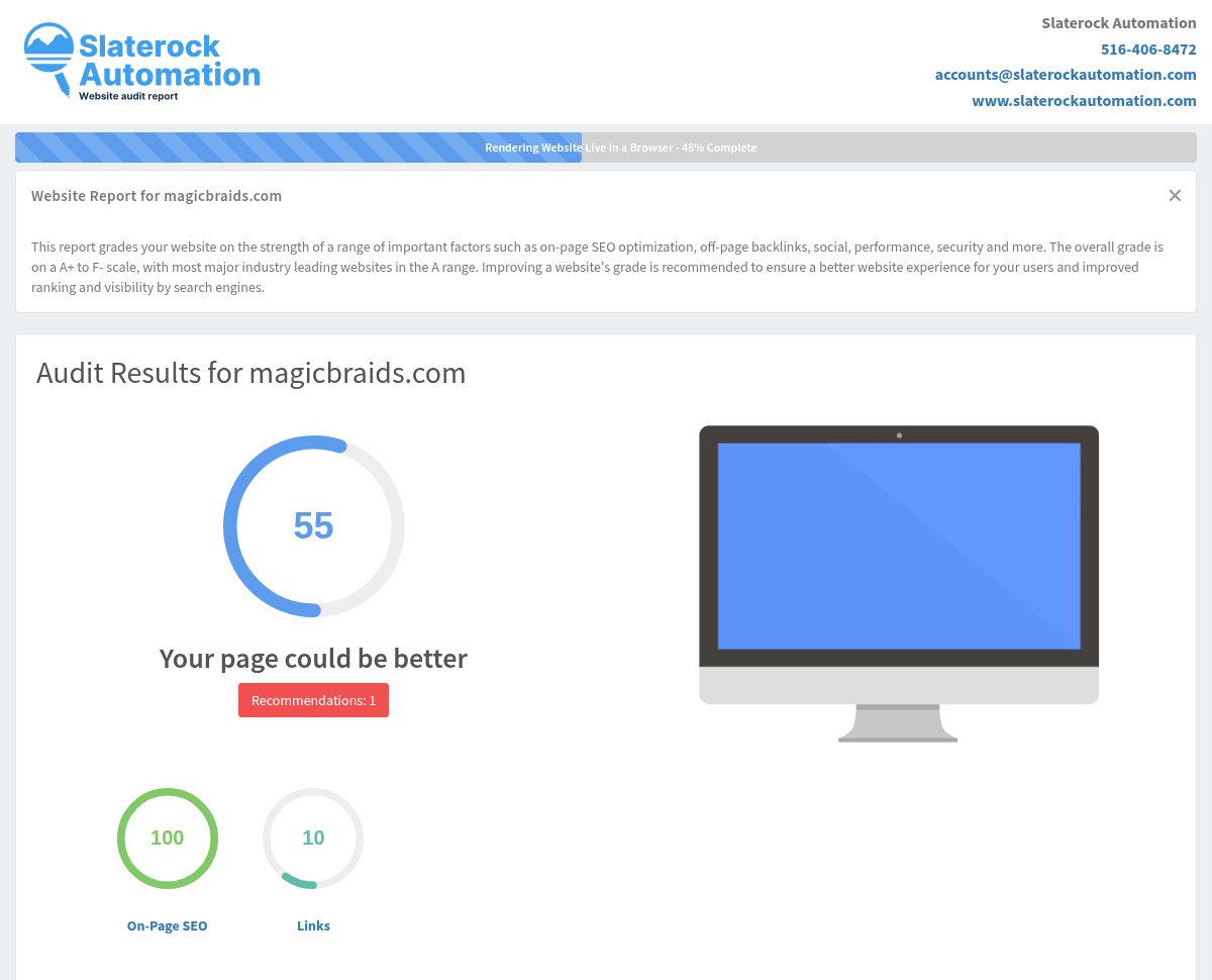 Screenshot of a website audit showcasing Magic Braids' quality and performance.