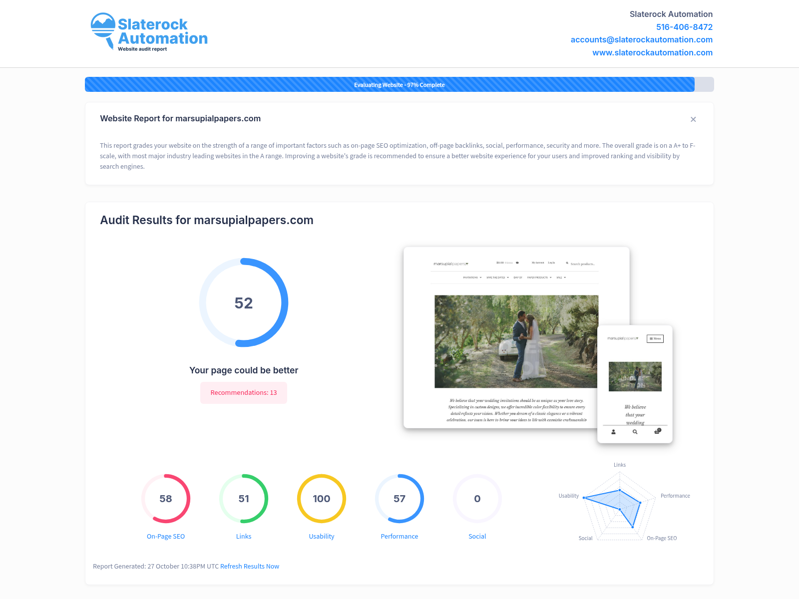Screenshot of Marsupial Papers website audit showcasing services and unique offerings.
