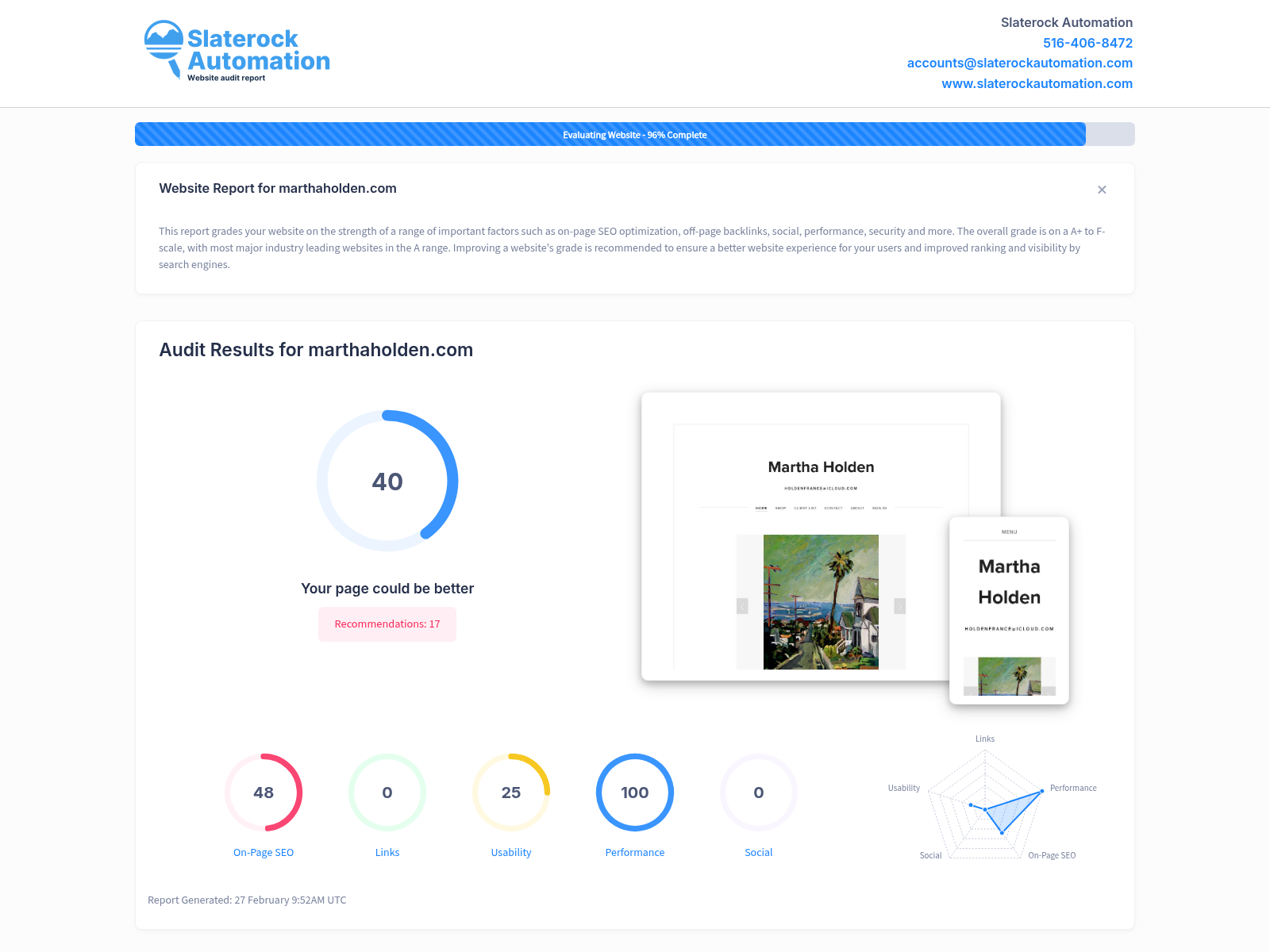 Screenshot of Martha Holden's website audit highlighting positive reviews and service efficiency.