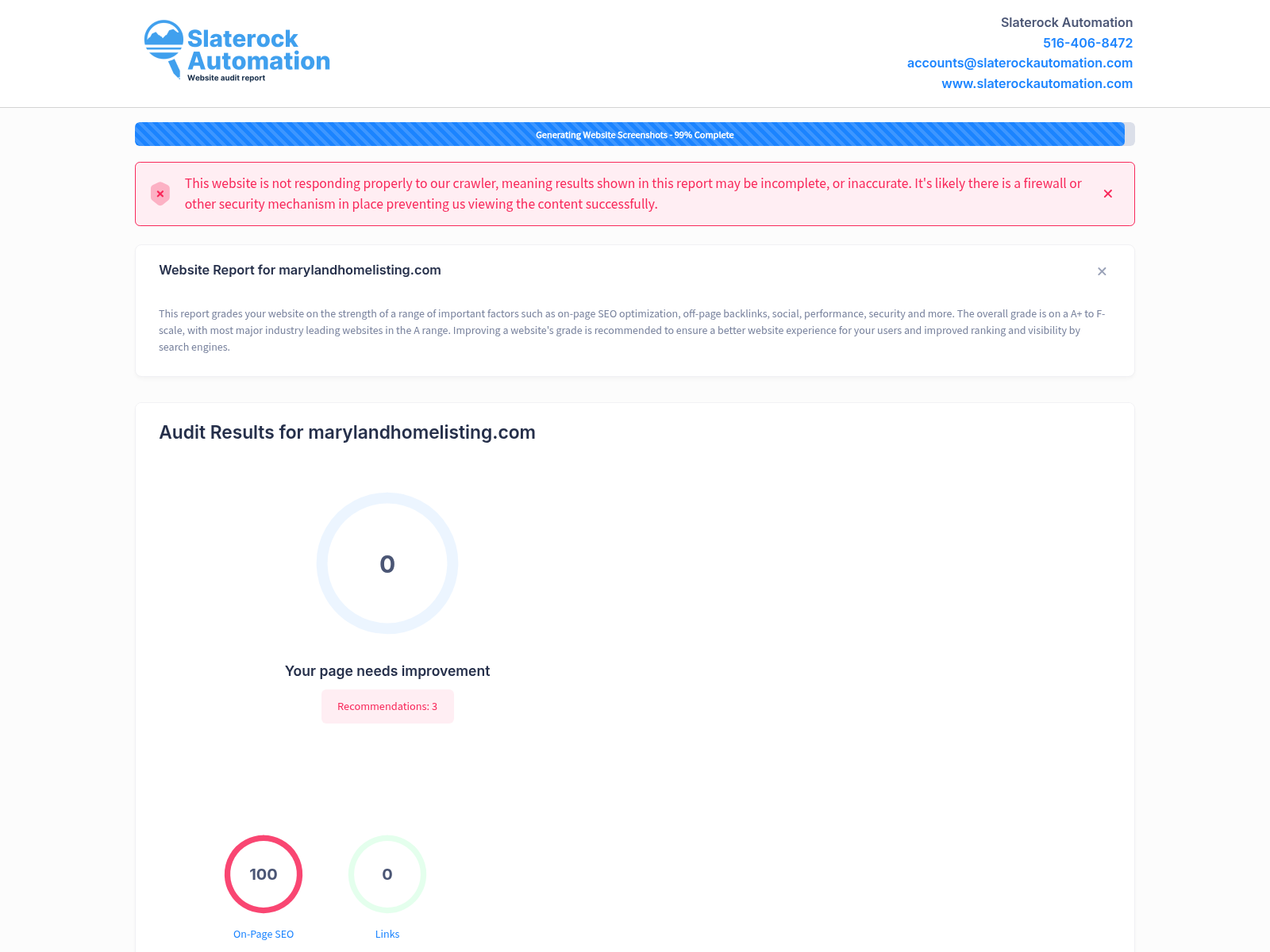 Screenshot of a detailed website audit for Maryland Home Listing showcasing property listings and client testimonials.
