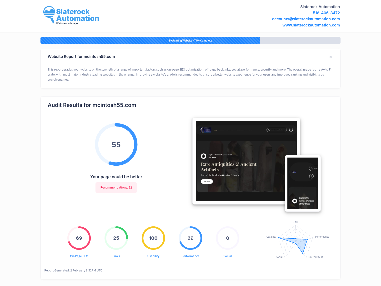Screenshot of McIntosh55 website audit showcasing SEO performance metrics.
