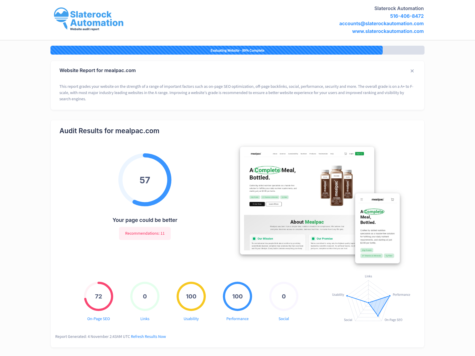 Screenshot of MealPac website audit showcasing performance metrics and optimization opportunities.