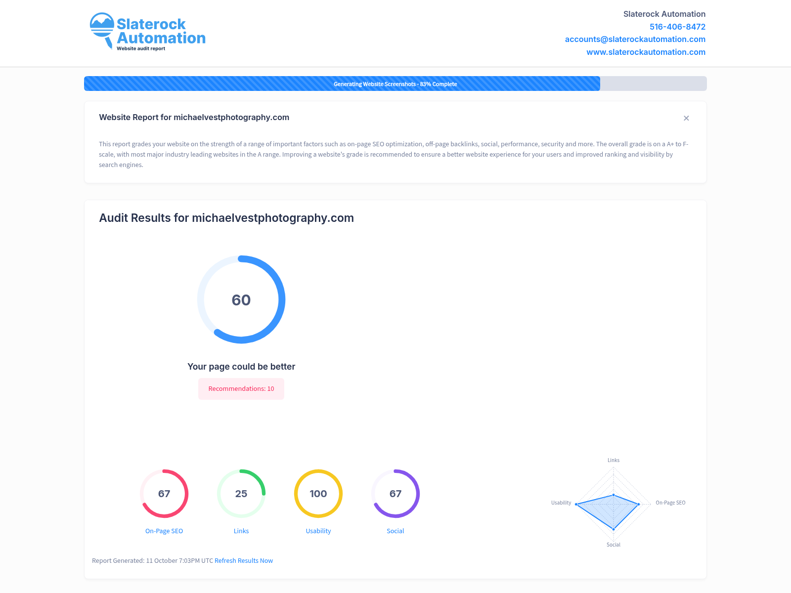 Screenshot of a website audit for Michael Vest Photography, with highlights on performance, SEO optimization, and user experience.