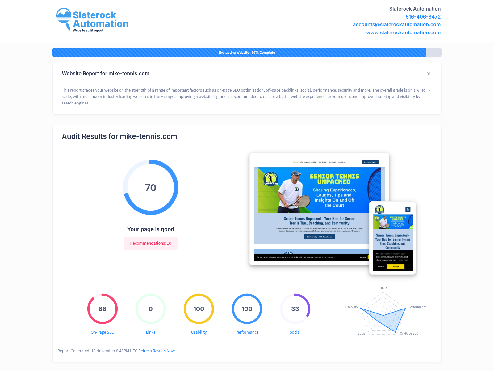 Screenshot of the Mike Tennis website showing tennis insights and community interactions for seniors.