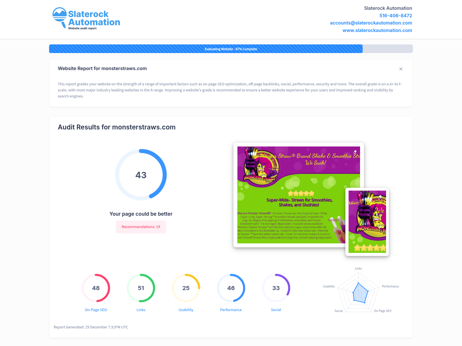 Screenshot of Monster Straws website audit showcasing quality and sustainability features.