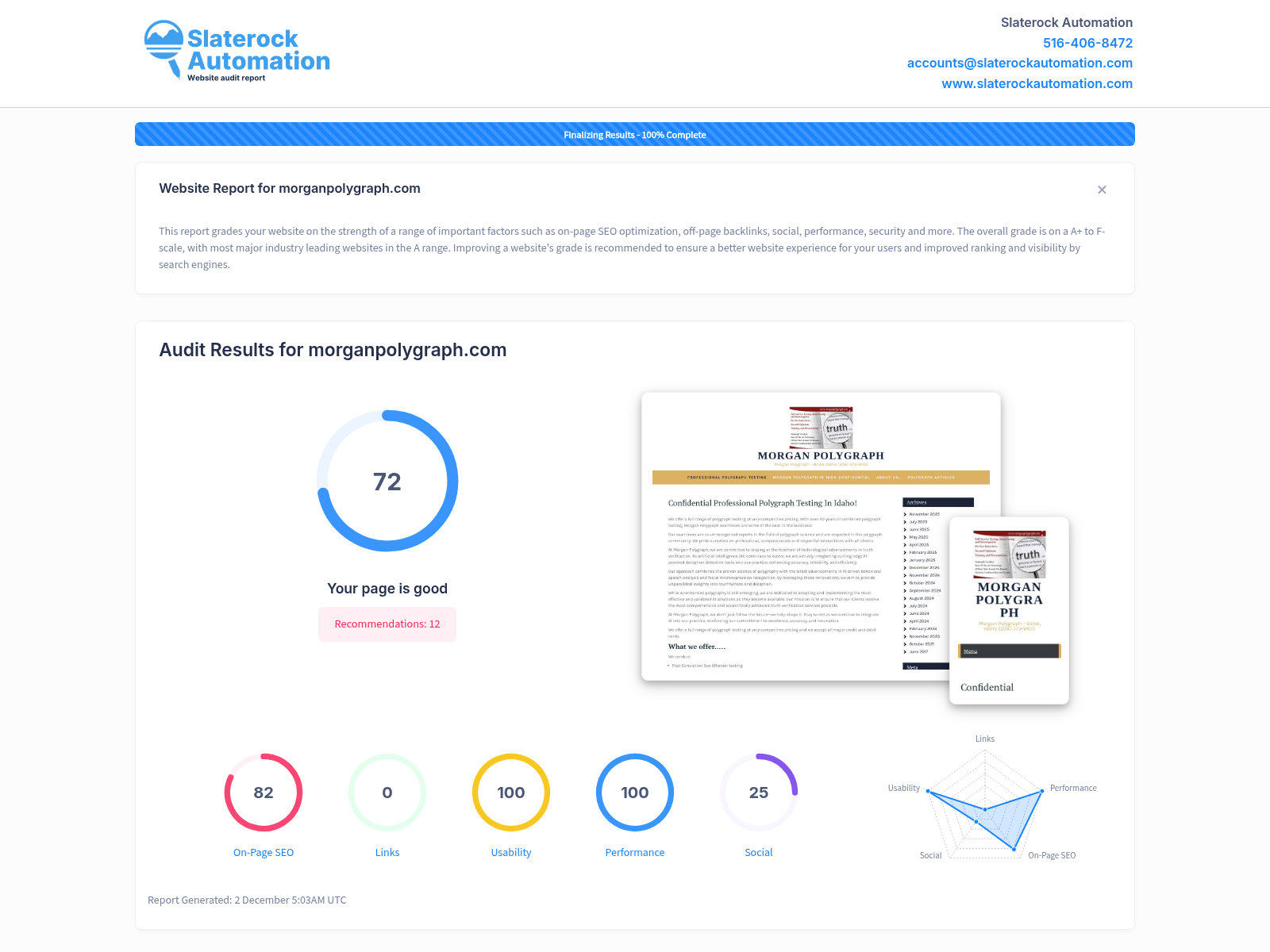 Screenshot of a comprehensive website audit for Morgan Polygraph, showcasing their SEO and usability features.