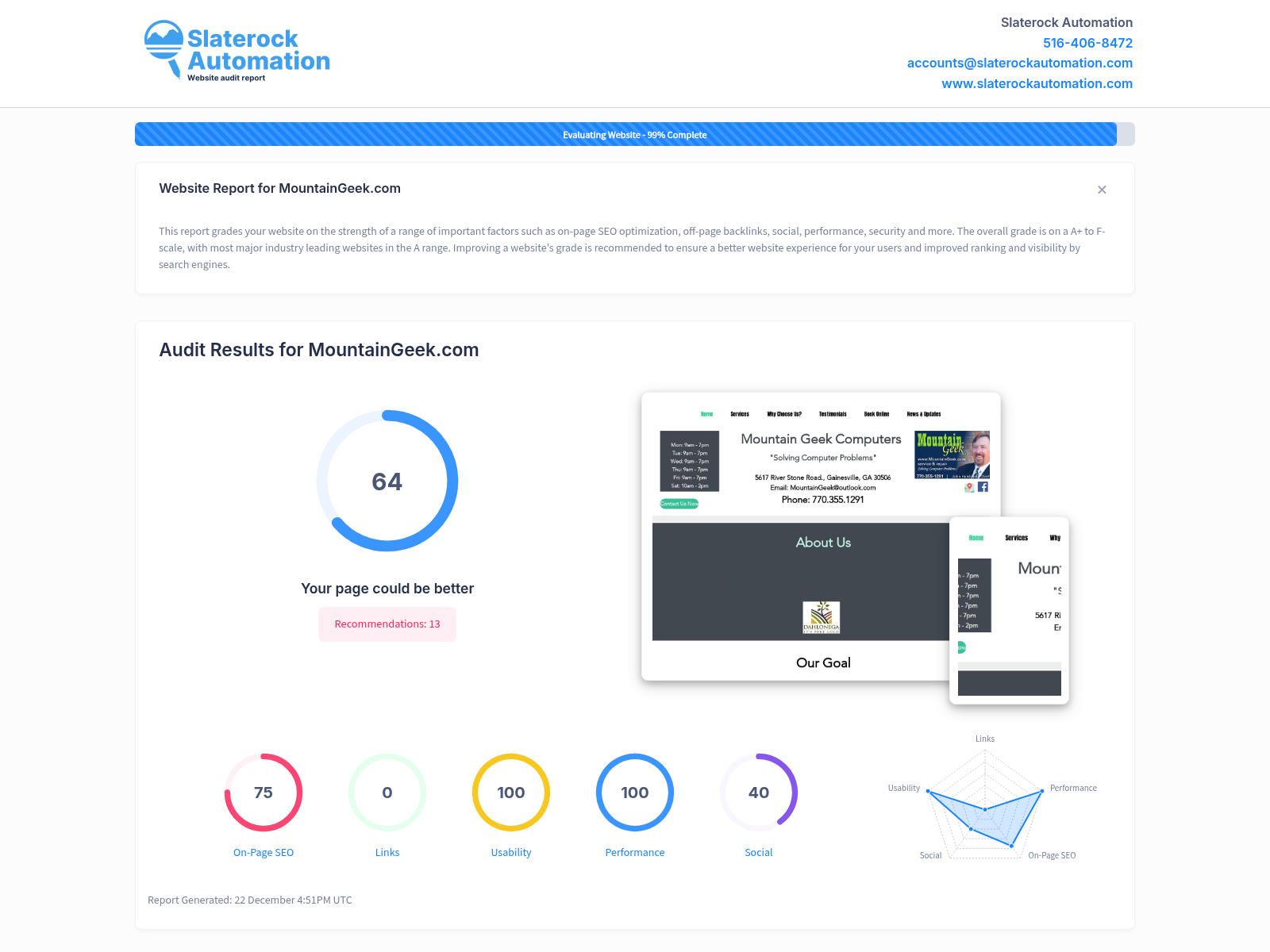 Screenshot of Mountain Geek Computers website audit showing excellent SEO and performance metrics.
