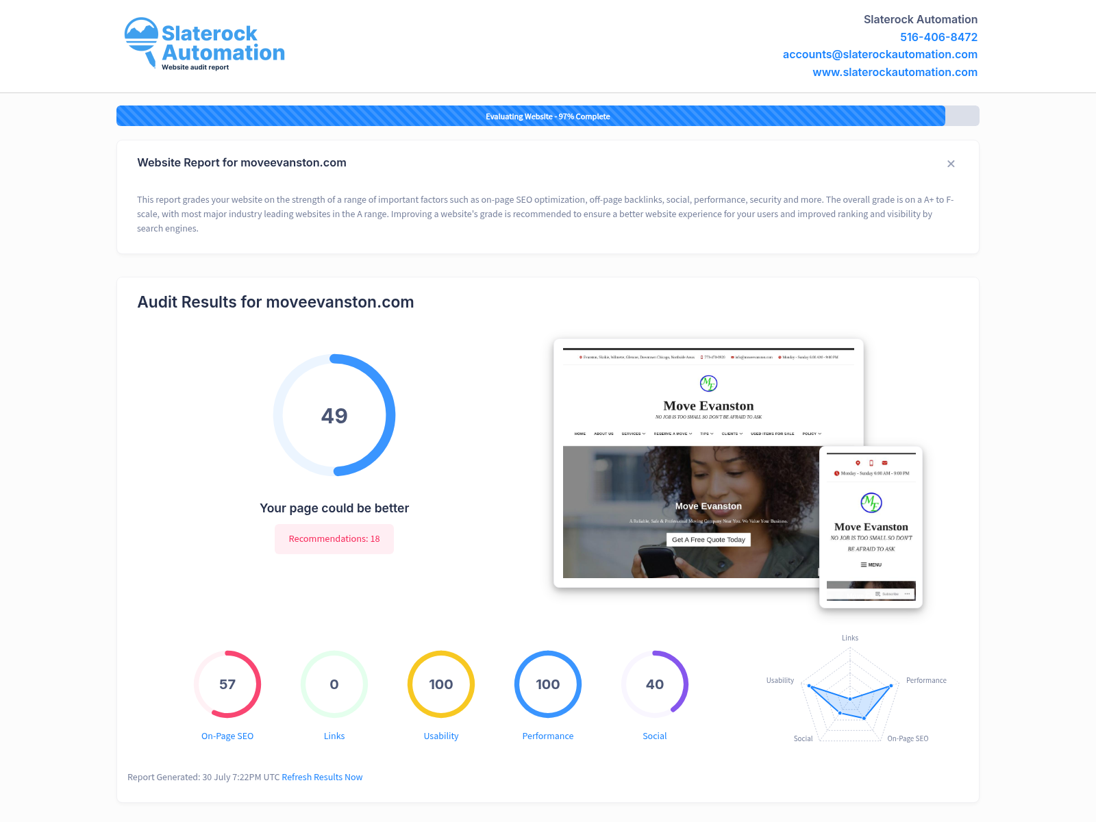 Screenshot of Move Evanston's website audit showcasing user-friendly design and customer reviews.