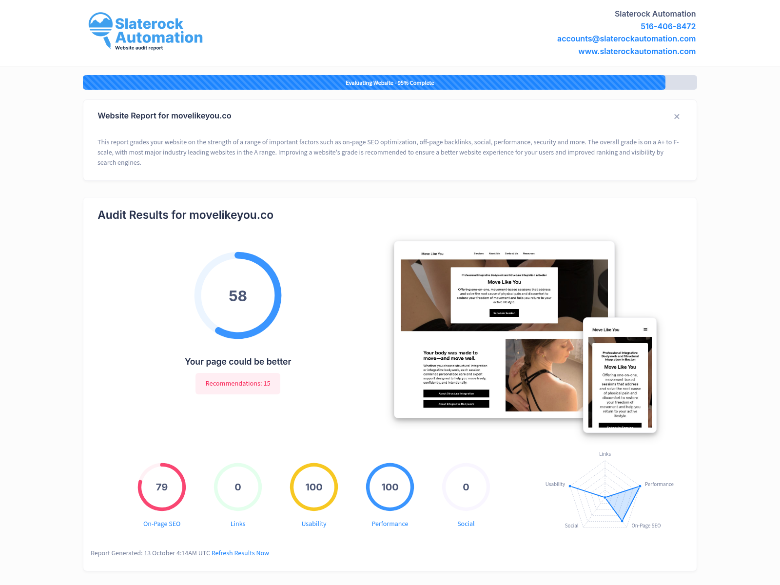 Screenshot of a website audit highlighting key metrics for Move Like You, a personalized fitness and wellness company.