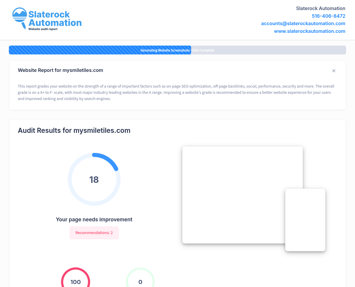 Screenshot of My Smile Tiles website audit showcasing SEO performance and optimization insights.