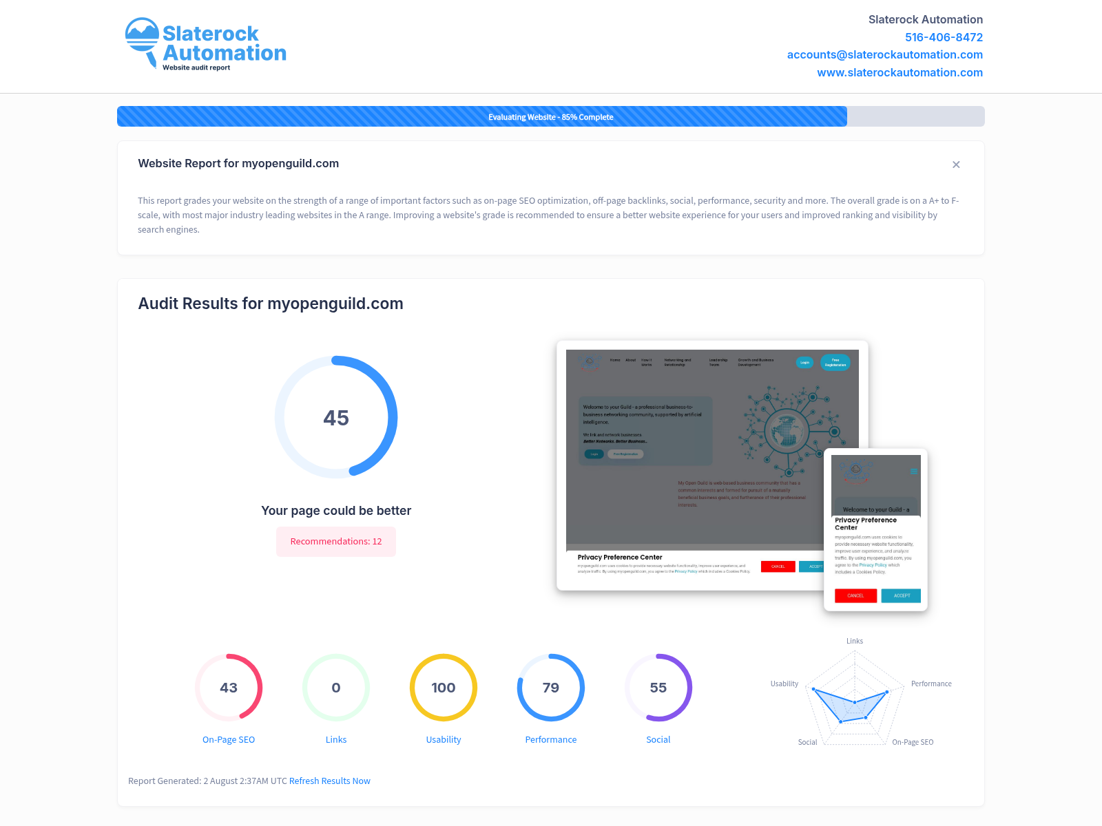 Screenshot of MyOpenGuild's website audit showcasing its user-friendly interface and robust features.