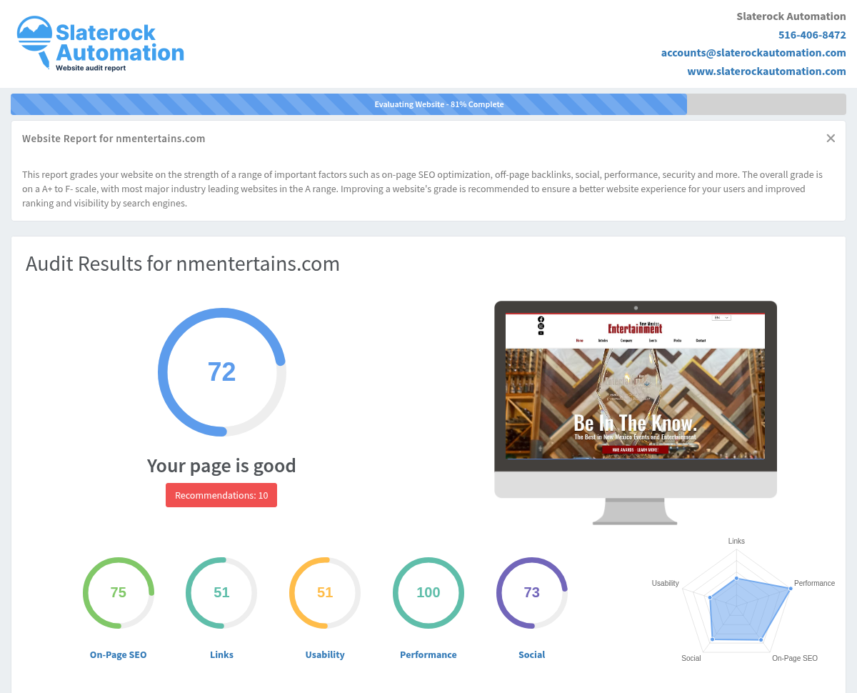 Screenshot of NM Entertains website audit showing strengths in event organization and customer satisfaction.