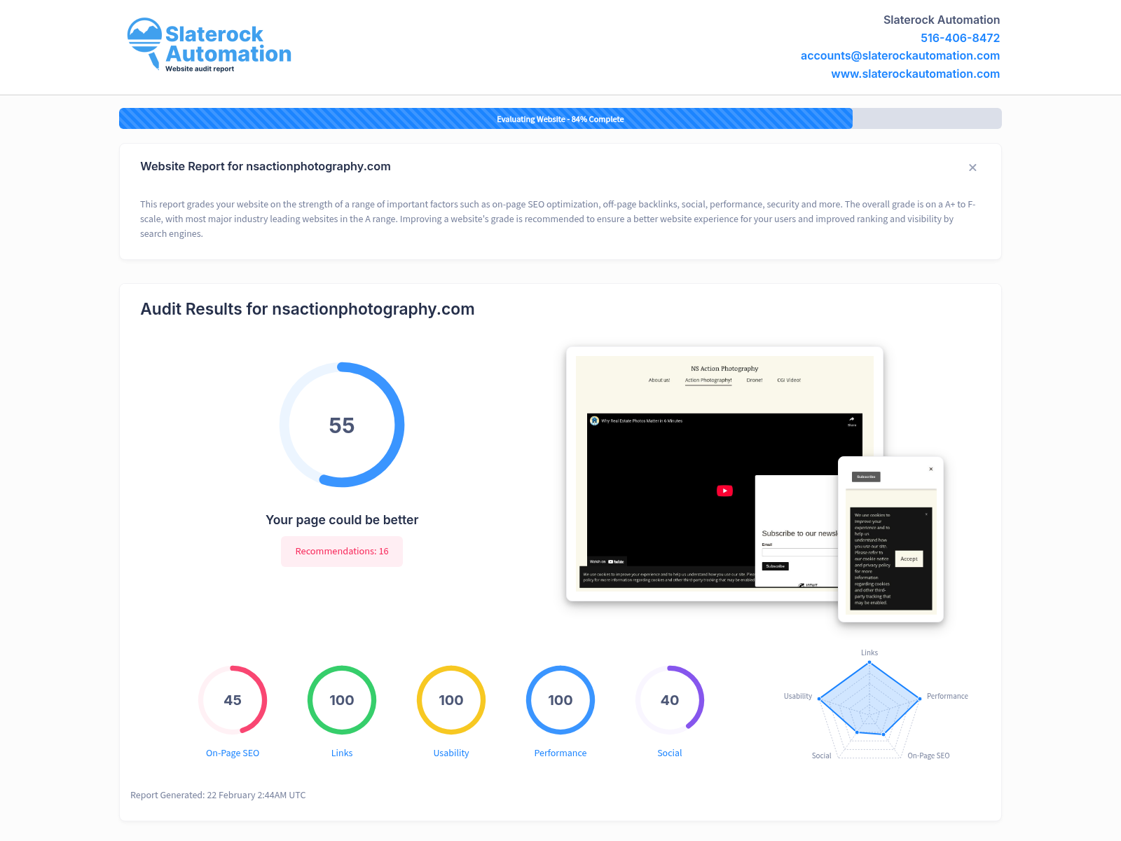 Screenshot of NS Action Photography website audit highlighting SEO performance and user experience.
