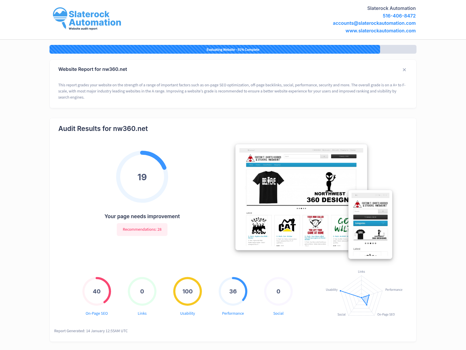 Screenshot of NW360 website audit showcasing performance metrics and user experience