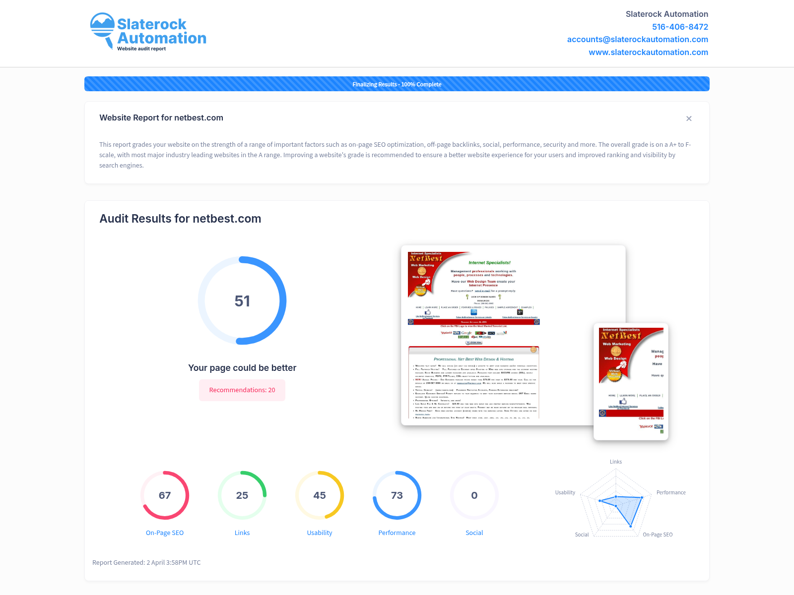 Screenshot of a website audit for NetBest, showcasing high-performance server solutions and IT services.