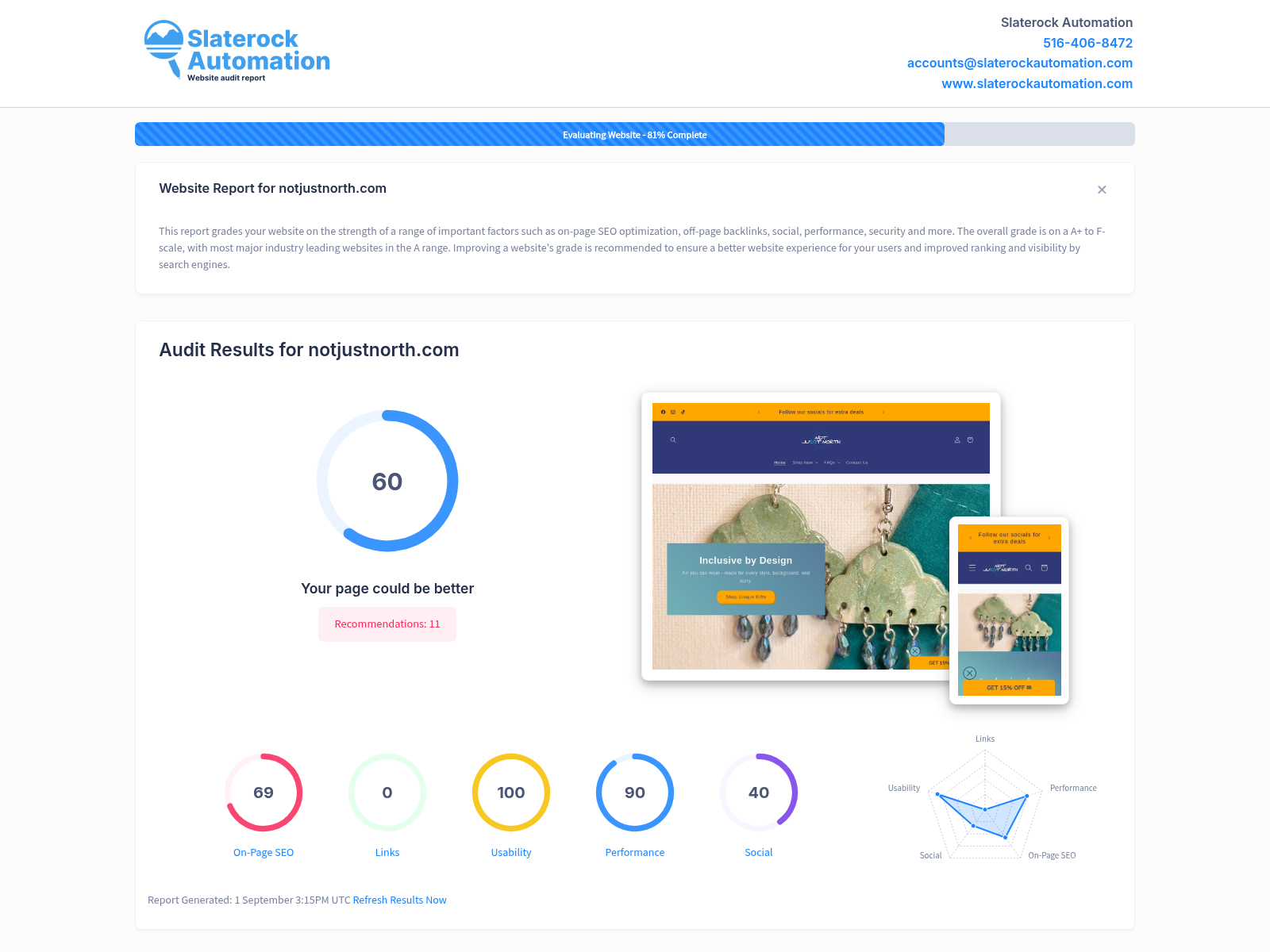 Screenshot of website audit showing Not Just North's ethical jewelry offerings and customer satisfaction.