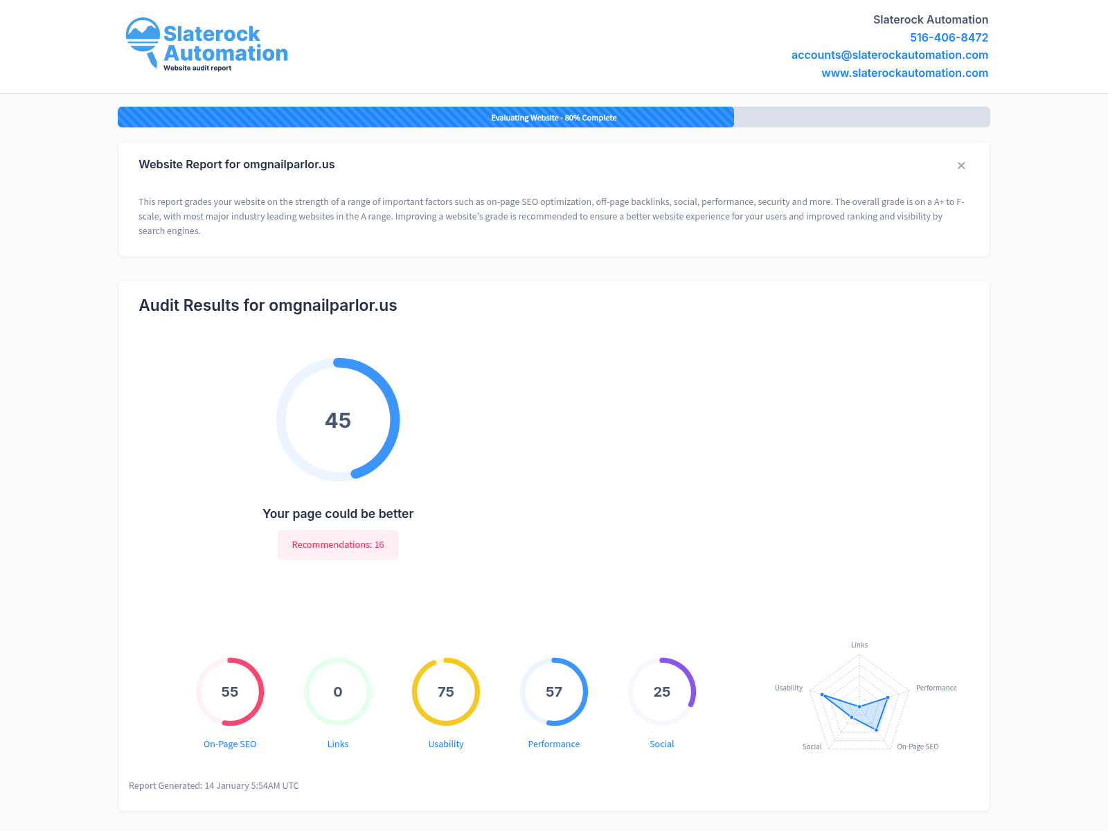 Screenshot of the comprehensive website audit for OMG Nail Parlor showcasing their services and quality standards.