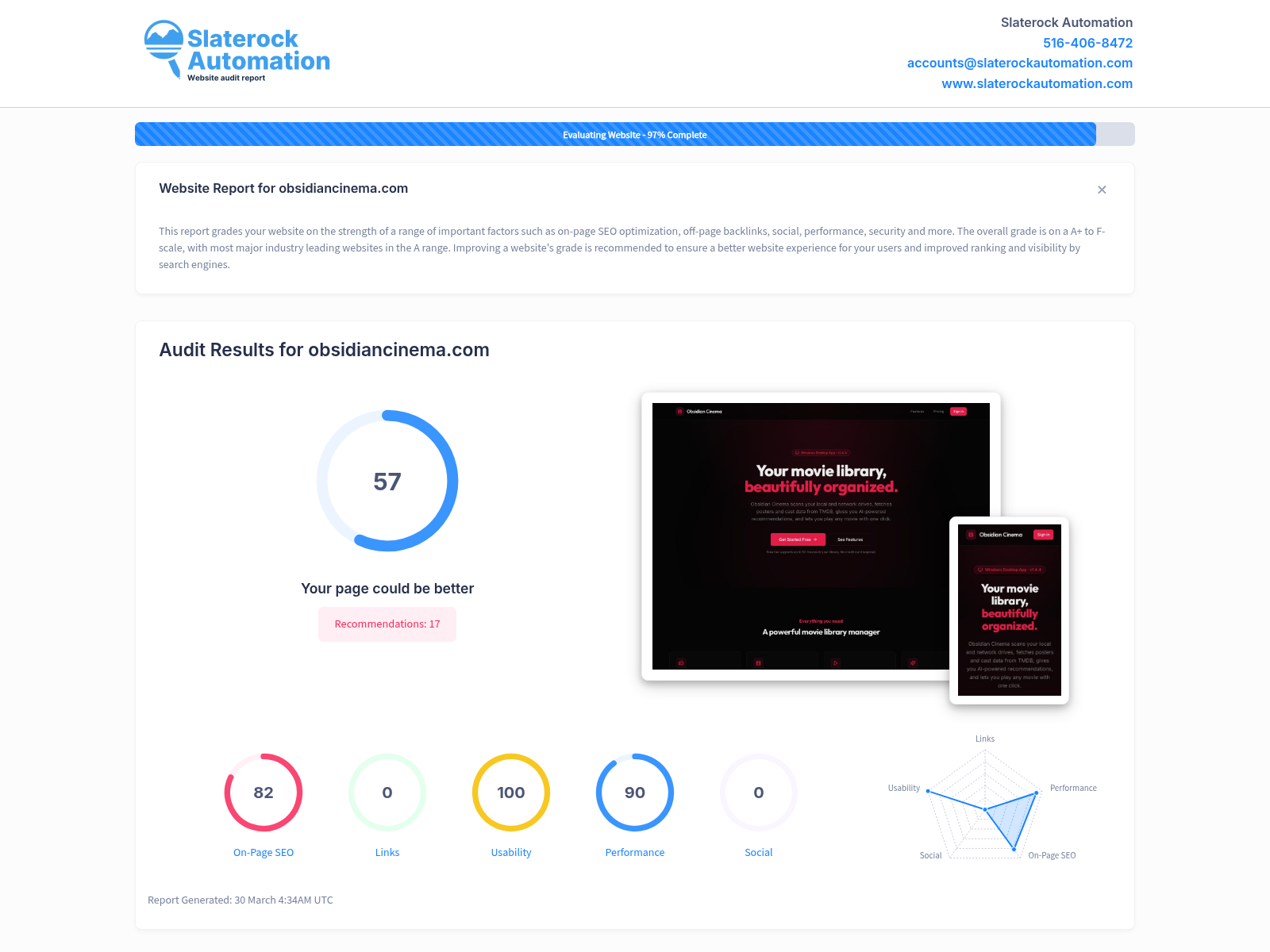 Screenshot of Obsidian Cinema's website audit showing performance metrics and customer satisfaction ratings.