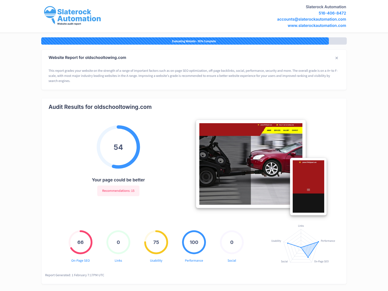 Website audit screenshot showcasing Old School Towing's services and customer reviews.