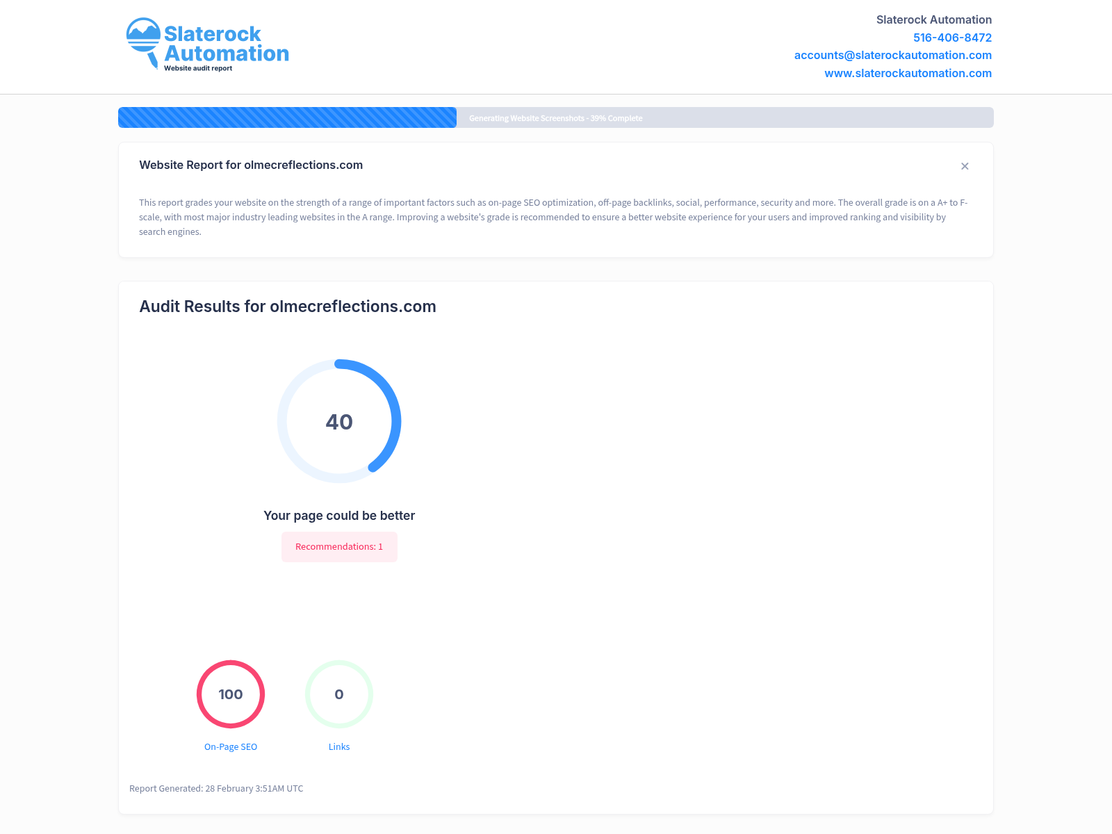 Screenshot showcasing the comprehensive website audit results for Olmec Reflections, highlighting SEO performance and improvement areas.