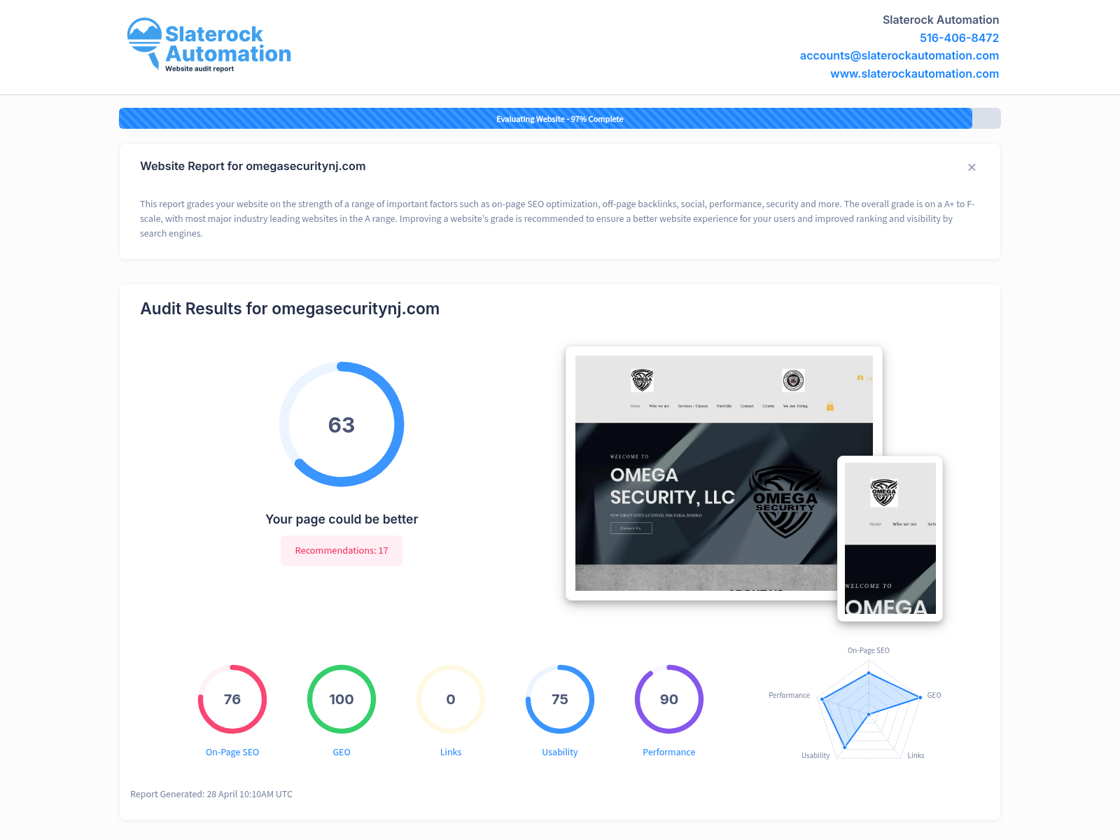 A screenshot showing the audit of Omega Security NJ's website highlighting improvements, user experience, and SEO strategies.