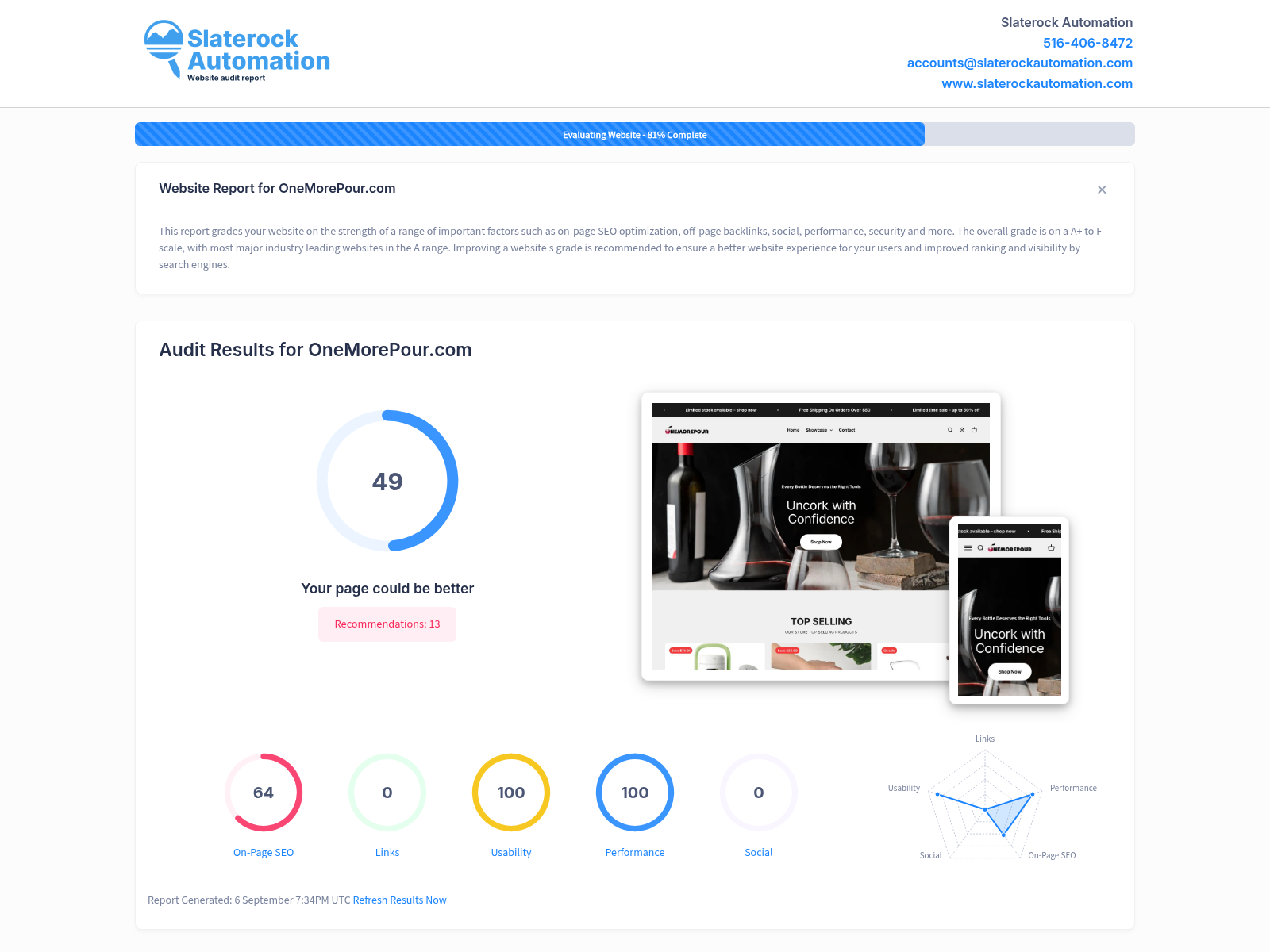 Screenshot of a website audit showcasing One More Pour's premium wine accessories and customer satisfaction metrics.