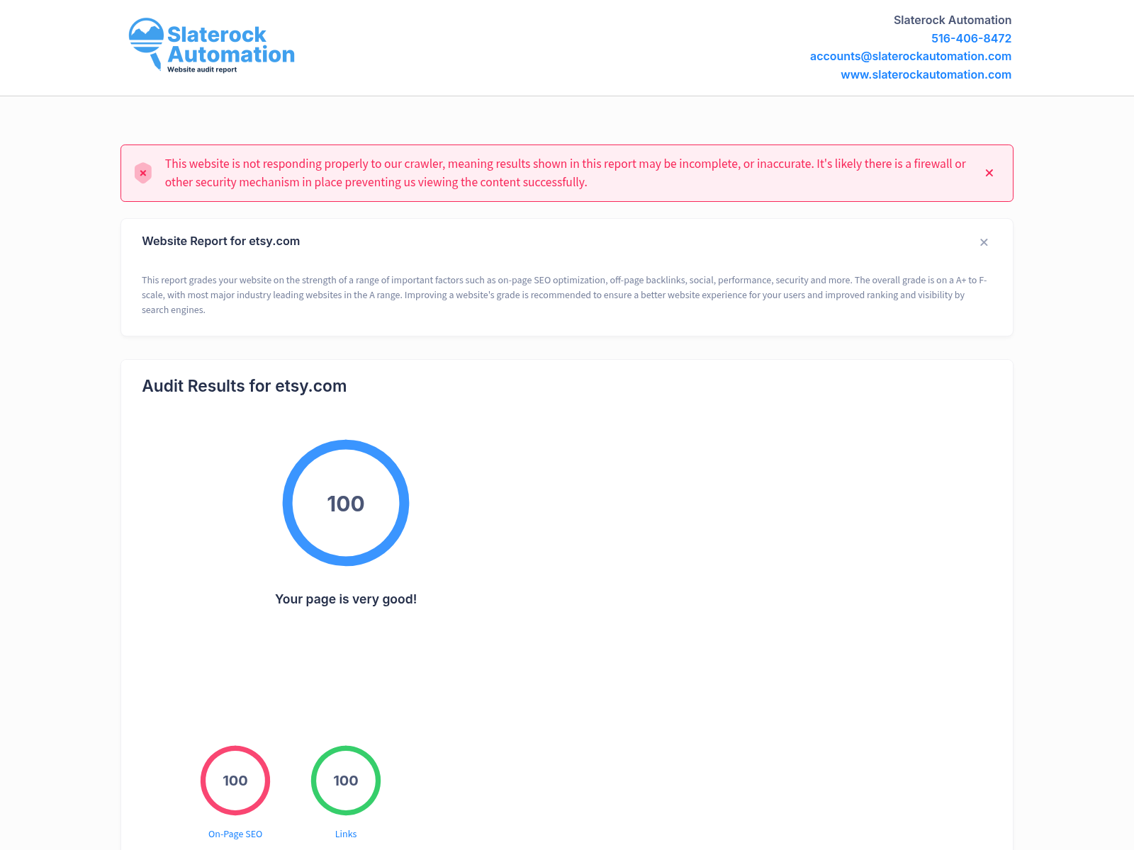 Screenshot of a website audit highlighting PDQute Creations' performance and SEO effectiveness.