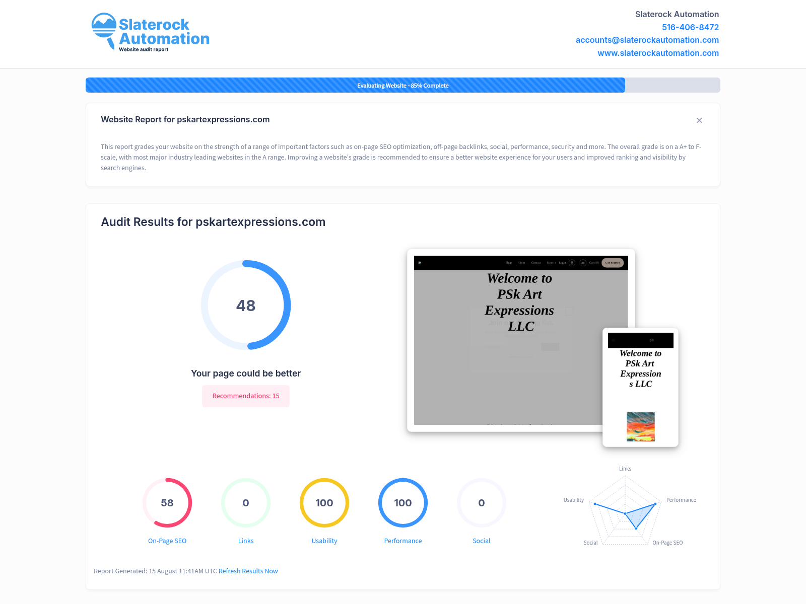 Screenshot of a website audit for PS Kart Expressions showcasing performance metrics and optimization insights.
