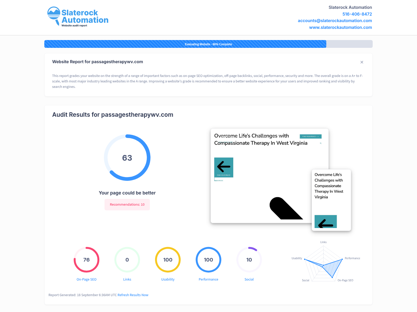 Screenshot of Passages Therapy website audit showing optimized elements for better online presence.