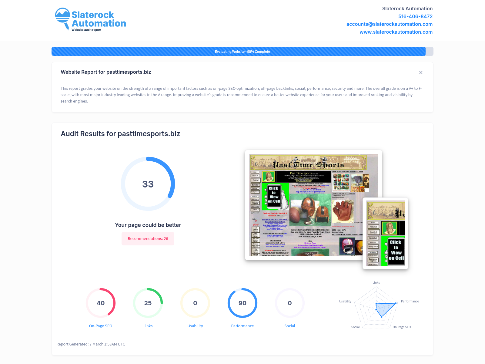 Screenshot of Past Time Sports website audit highlighting its unique collection of historical leather football helmets.