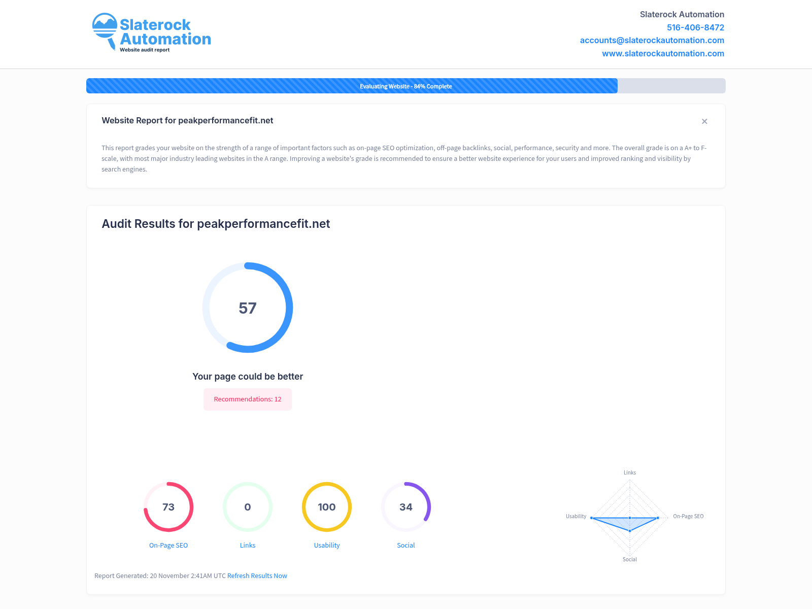Screenshot of Peak Performance Fit website audit showcasing fitness and nutrition services for adults over 50.