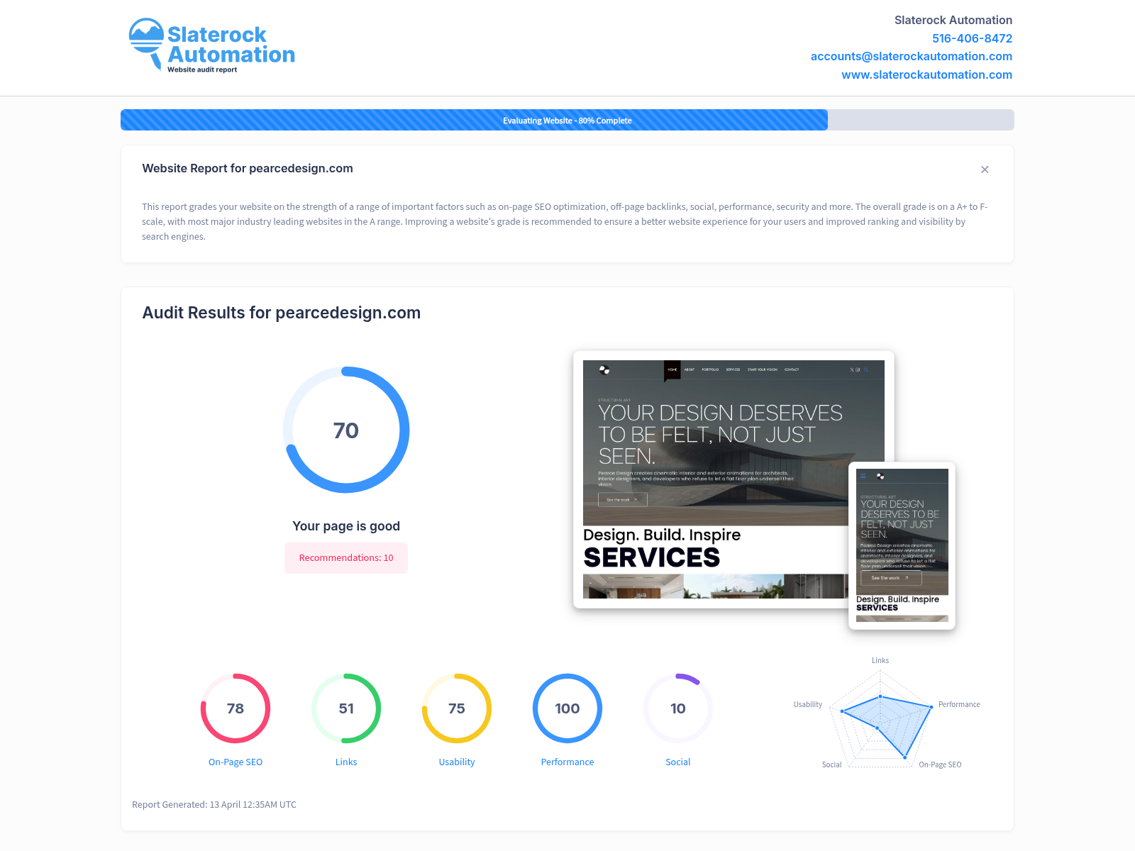 Screenshot of Pearce Design's website audit showcasing strengths and areas for SEO improvement.