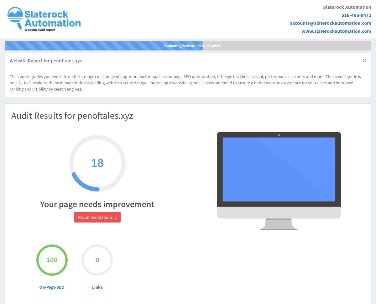 Screenshot of a website audit showcasing Pen of Tales Publications' SEO performance and improvements.