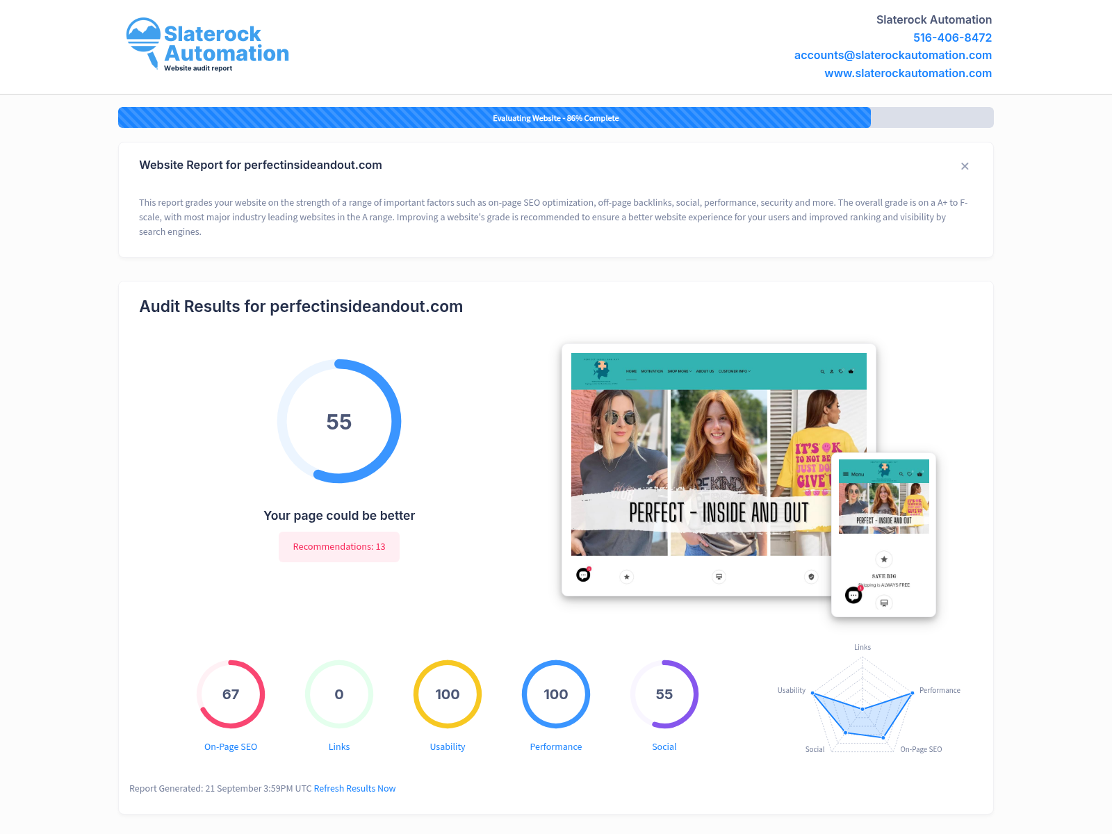 Screenshot of a website audit for Perfect Inside and Out, highlighting SEO performance and website usability.