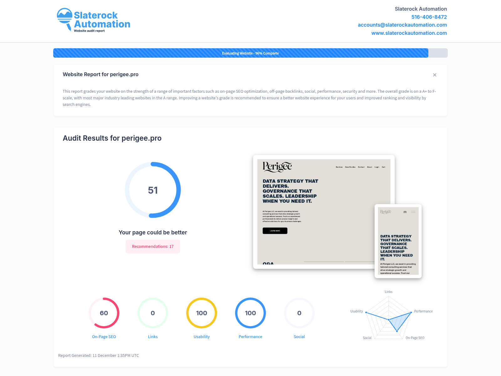 A comprehensive website audit report showcasing Perigee LLC's consulting services and data strategy solutions.