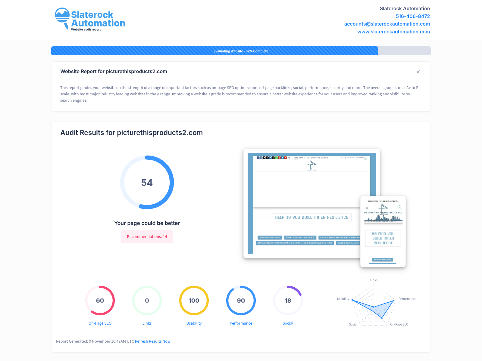 Screenshot of a comprehensive website audit for Picture This Products 2, showcasing SEO performance and user engagement metrics.