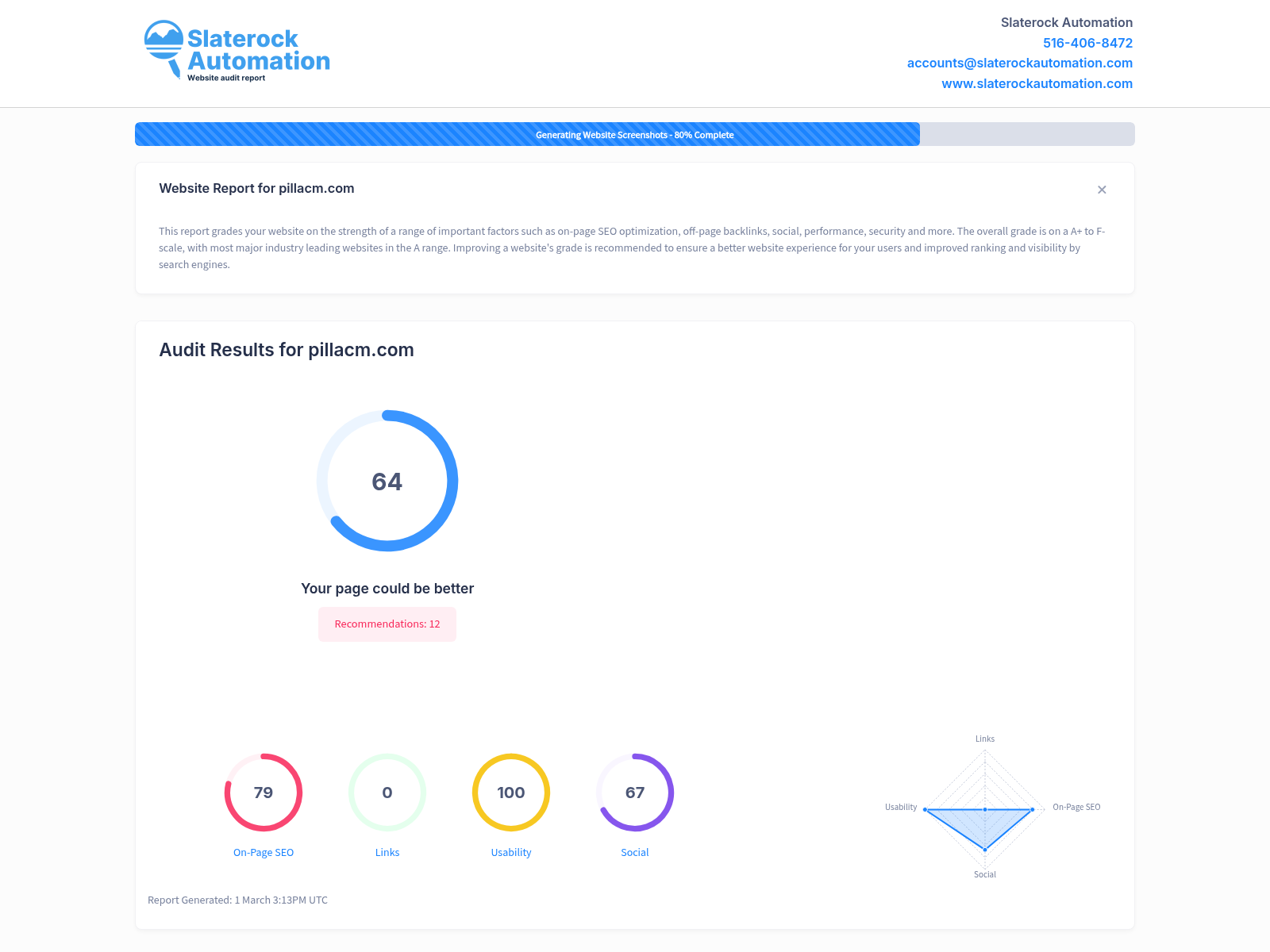 Screenshot of a website audit showing Pilla CM's high customer satisfaction ratings and performance metrics.